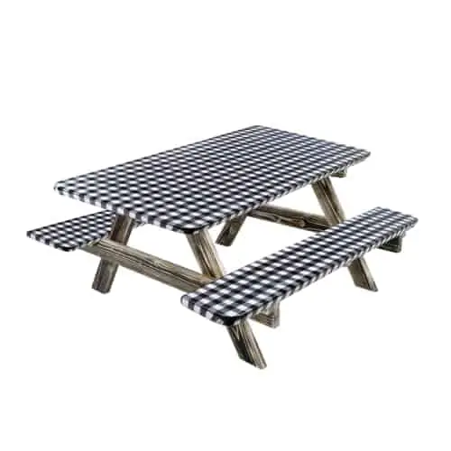 3-Piece Set Vinyl Picnic Tablecloths and Bench Covers with Elastic Edges,Waterproof Picnic Table and Bench Fitted Tablecloth Cover for Indoor Outdoor Patio Park,Black-White