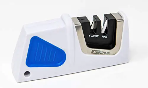 AccuSharp Compact Pull Through Knife Sharpener - Travel Sized 2 Stage Knife Sharpener for Kitchen Knives, Hunting Knives - Straight or Serrated Blades - Diamond-Honed Tungsten Carbide - White/Blue